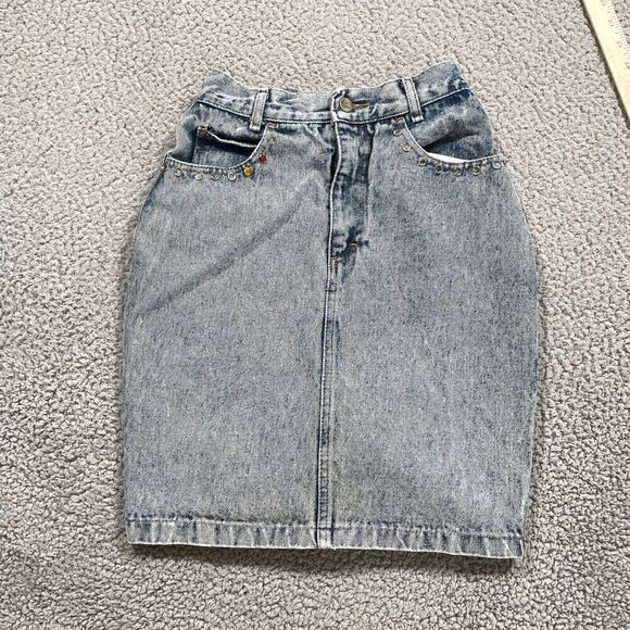 Vintage Jean Skirt Women's Denim No problem jeweled Acid Wash Size 3/4 - Picture 1 of 8